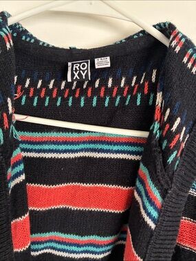 Roxy Black Knit Cardigan with Red, Teal & White Stripes